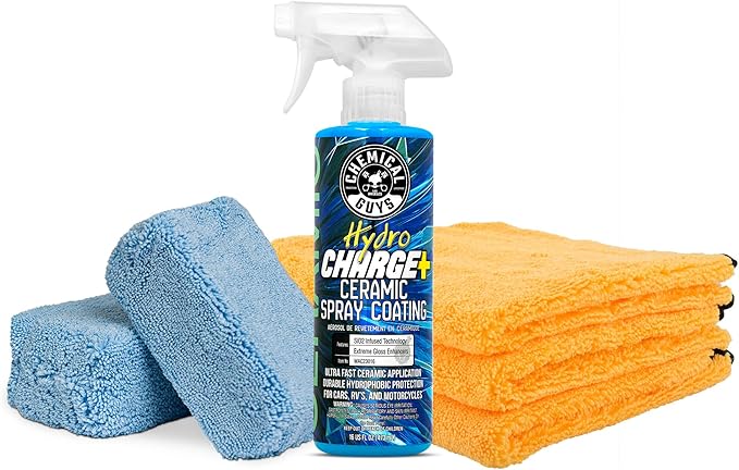 Chemical Guys WAC23016 HydroCharge High-Gloss Hydrophobic SI02 Ceramic Spray Coating, 16 fl oz + MIC_292_02 Microfiber Applicator (2 Pack) + MIC_506_03Premium Microfiber Towels (16"x16") 3 Pack