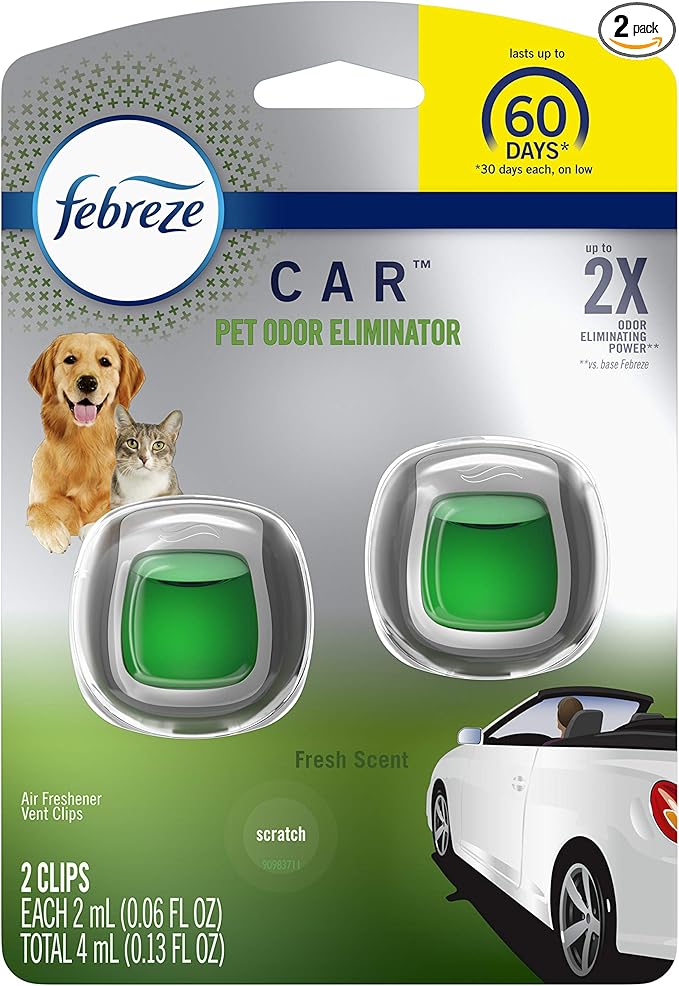 Febreze Car Pet Odor Eliminator, Air Freshener Vent Clip, Up to 30 Days Freshness, Fresh Scent, 2 Count
