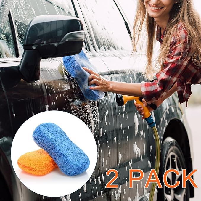 Tanlade 2 Pcs Large Microfiber Car Wash Sponge for Cleaning, Non Scratch Microfiber Sponges for Car Washing Supplies, Trucks and Motorcycles (Blue,Orange)