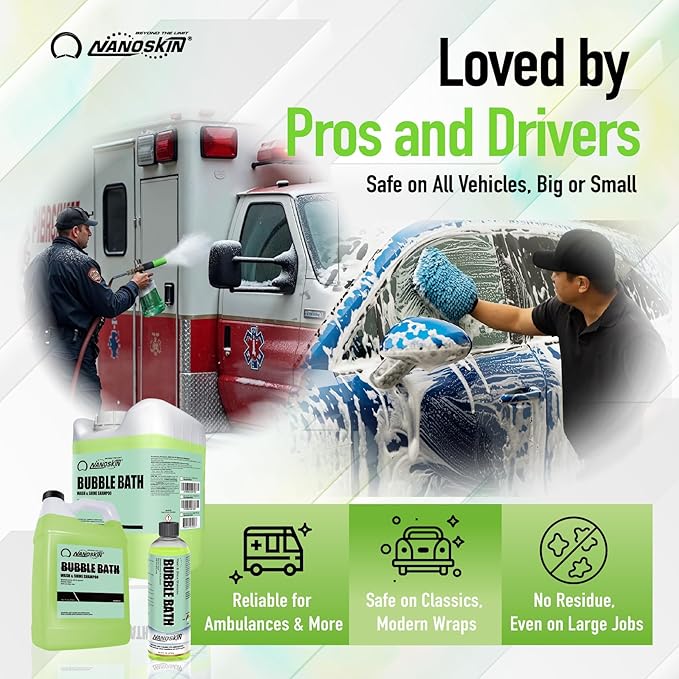 Nanoskin BUBBLE BATH Foaming Car Wash Shampoo 55 Gallons - Works with Foam Cannon, Foam Gun, Bucket Washes, Car Soap for Pressure Washer | For Car, Truck, Motorcycle, RV & More | Green Apple Scented