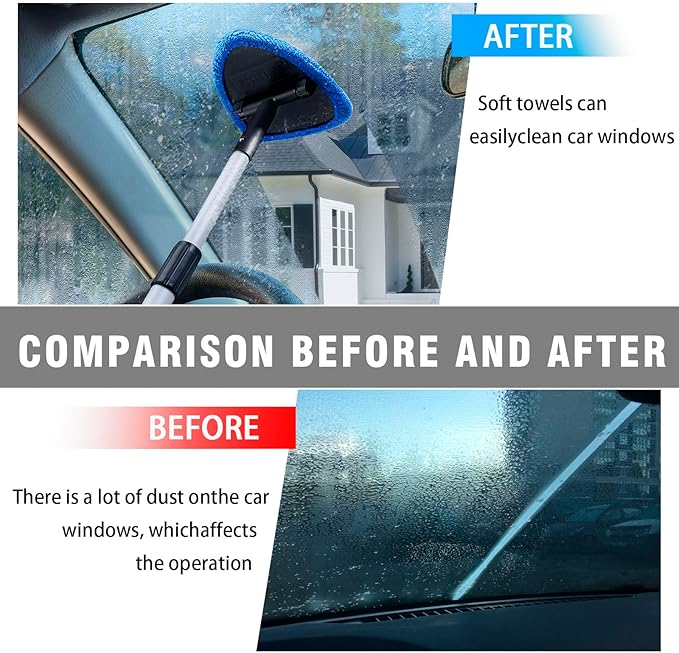 Windshield Cleaner Tool - Portable Car Interior Window Cleaning Kit with Extendable Handle, 4 Microfiber Towel Pads, Auto Glass Wiper for Windshield, Universal for RV, SUV, Truck (Blue)