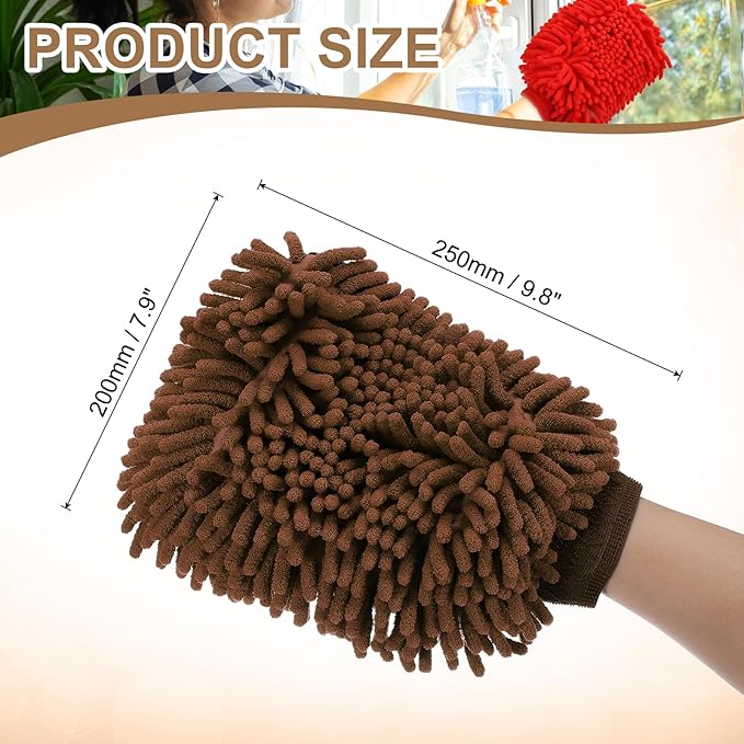 HARFINGTON 2pcs Chenille Microfiber Car Wash Mitts 9.8" x 7.9" Scratch Free Wash Gloves Absorbent Double Sided Plush Cleaning Drying Mitts for Car Washing Home Clean, Brown