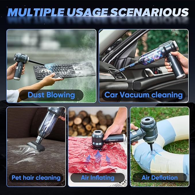 SakerPlus 4 in 1 Handheld Car Vacuum Cleaner & Air Duster, 17500PA High Power Rechargeable Portable Vacuum with LED Light, Multi Nozzles for Car, Home & Office – Ideal for Men and Family