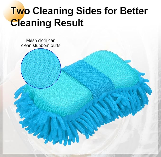 HARFINGTON Car Wash Sponge 9.1" x 4.7" Chenille Microfiber Mitt Scratch-Free Absorbent Scour Scrubber Cleaning Sponge for Washing Detailing on Cars, Trucks, SUV, Boats, RVs, Light Blue