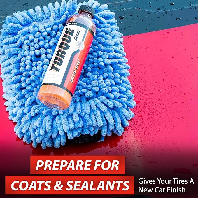 Torque Detail Decon Wash Pack - Decontamination Soap 8oz + Wash Mitt - Surface Strip Wash Car Shampoo - Highly Absorbent Microfiber Chenille Car Wash Mitt Safely Cleans Your Vehicles Entire Surface