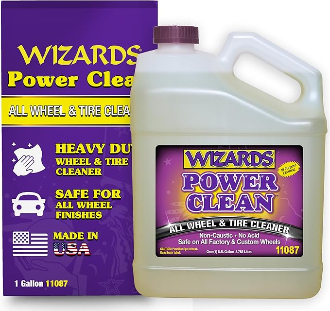 Wizards Power Clean Wheel and Tire Cleaner - Non Caustic and No Acid Biodegradable Interior Cleaning Supplies - Safe on All Kinds of Wheels - Dissolves Grease, Brake Dust and Road Grime - 1 Gallon