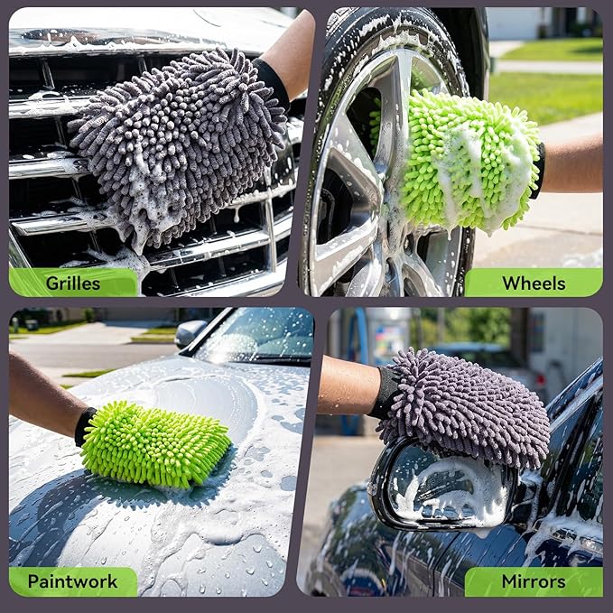 4Pack Large Microfiber Car Wash Mitts, Ultra Absorbent & Lint-Free Wash Mitts for Car Washing, SUVs, Motorcycles & Household Cleaning - Car Wash Accessories Kit, Green