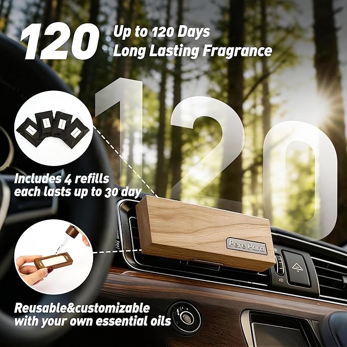 4 Packs Pine&Sage Scented Natural Wood Vent Clips,【No More Stuffy Air】 Odor Eliminator Car Scents Air Freshener Refills, Long Lasting Fragrance Diffuser, SUV Essentials Gift for Men