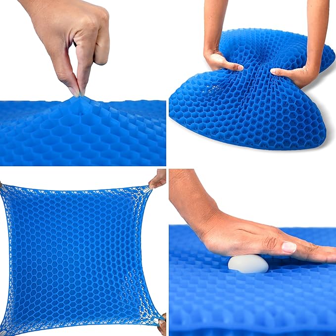 EcoNour Gel Seat Cushion for Long Sitting – Blue | Double-Layer Honeycomb Gel Cushion for Office Chair, Car & Wheelchair | Pain Relief for Tailbone, Sciatica & Back Support