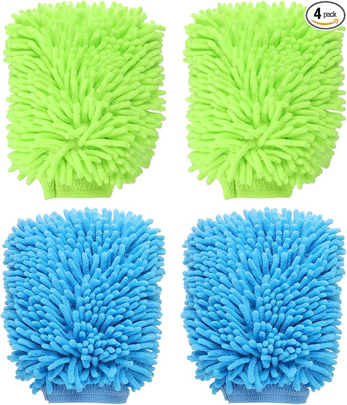 HARFINGTON 4pcs Chenille Microfiber Car Wash Mitts 9" x 5.5" Scratch Free Wash Gloves Absorbent Double Sided Plush Cleaning Drying Mitts for Car Washing Home Clean Blue Lime Green