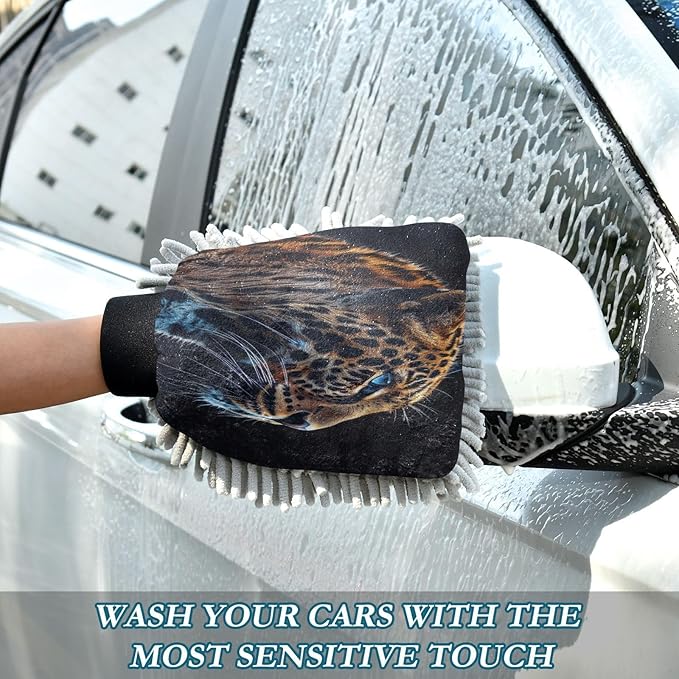 YETTASBIN Leopard 2PCS Car Wash Mitts, Ultra Absorbent Chenille Microfiber Car Washing Gloves, Scratch-Free Lint-Free Auto Cleaning Mitt, Machine Washable Elastic Cuff Car Wash Sponge