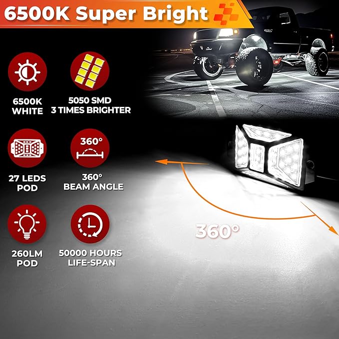 12 Pods Pure White LED Rock Lights Kit with Switch Wiring Harness,6500K 324 LEDs Bright Rock Lights for Trucks,Waterproof Underglow Light for Car Jeep Off Road ATV UTV SUV(Patented)