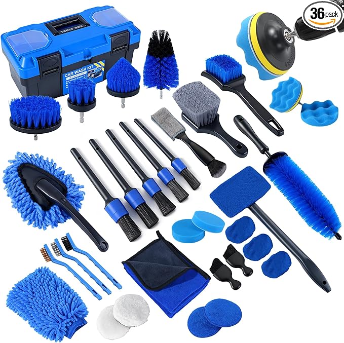 36Pcs Car Detailing Kit, Car Detailing Brush Set, Car Cleaning Kit, Auto Detailing Tools for Interior Exterior Wheels, Professional Car Wash Accessories with Windshield Cleaning Tool and Storage Box
