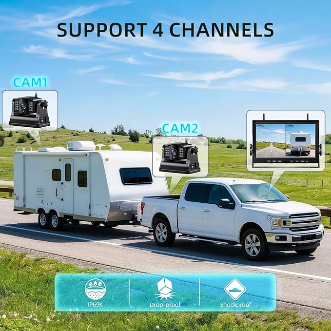 eRapta Magnetic Wireless Backup Camera Kit with HD1080P 10” DVR Monitor, Dual RV/Trailer/Truck/Tractor Cameras Wireless System, No Wiring, 9600mAh Rechargeable Battery, IR Night Vision-ACT1002