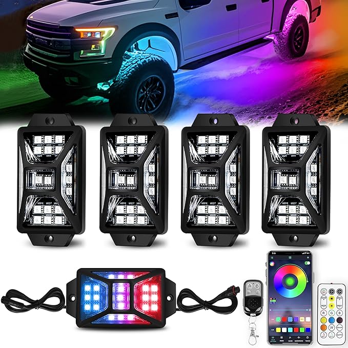 4 Pods 84 LEDs 5 Sides RGB Rock Lights, App/Remote Control Rock Lights for Trucks, Waterproof Multi-Color Bright Underglow Kits, Music Mode, Compatible with 12V Jeep UTV SUV ATV Golf RZR(Patented)
