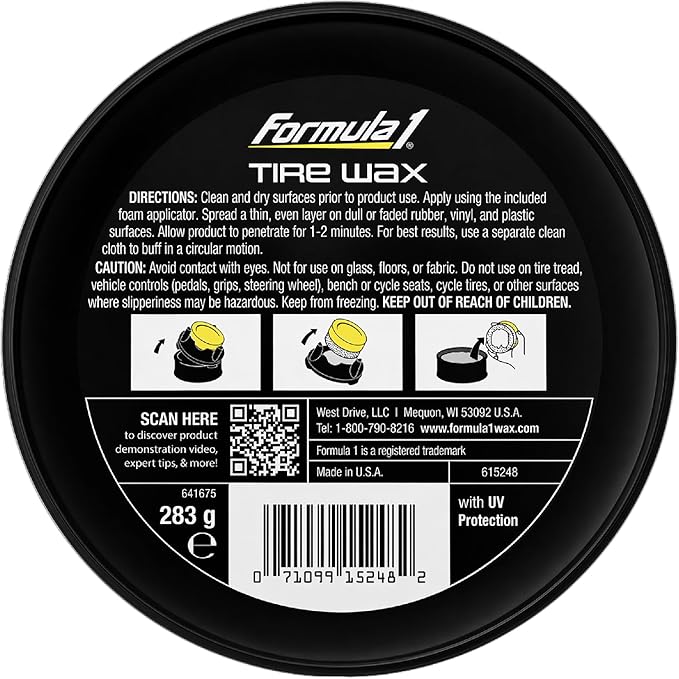 Formula 1 Tire Wax - Long Lasting Tire Gel for Black Glossy Tires, Water Resistant, Restores Plastic Trim, Foam Applicator Included, 10oz