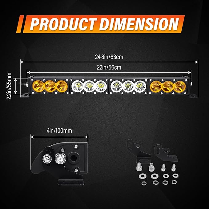 Willpower 22 inch LED Light Bar Single Row White Amber Dual Color 120W Off Road Light Bar Spot Flood Combo LED Work Light Truck UTV 4x4 Cars SUVs ATVs Boats Fog Driving Light with Wiring Harness kit