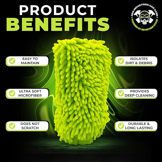 Never Ride Stock Microfiber Car Wash Mitt – Scratch-Free Chenille, Extra Thick & Ultra Absorbent – Safe for Black & Dark Paint – Lint-Free, Reusable Auto Cleaning Glove