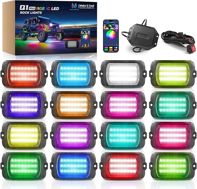 MICTUNING Q1 MAX RGB+IC Rock Lights 16 Pods Kit, 384 Beams 1000% Brighter Chasing Dreamcolor Underglow Neon Lights, APP Control Multicolor Extensible Underbody Lighting Kit for Truck ATV UTV Boat