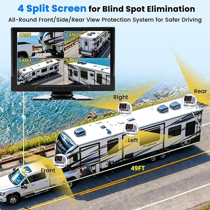 4-Wired Backup Camera System, 10" HD 1080P DVR Quad Split IPS Monitor with 4 Side & Rear View Cameras, Vibration-Proof IP69K Waterproof Night Vision for Truck/RV/Tractor/Bus/Trailer/Heavy Equipment