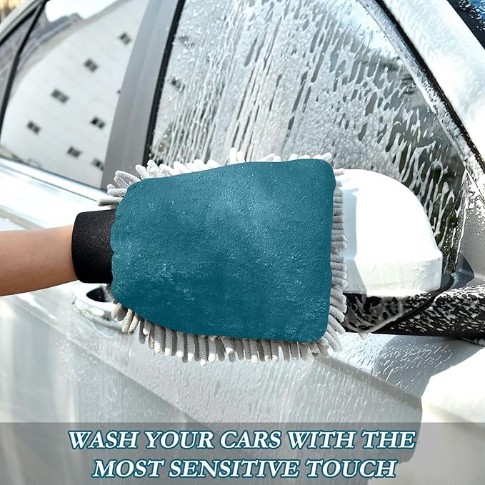 Qilmy Navy Blue Microfiber Chenille Car Wash Sponge Scratch Free Car Wash Mitt Absorbent Mitt Sponge for Trucks SUVs Car Washing Home Cleaning, Large