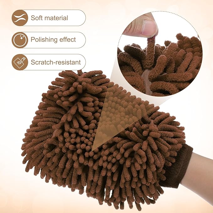 HARFINGTON 2pcs Chenille Microfiber Car Wash Mitts 9.8" x 7.9" Scratch Free Wash Gloves Absorbent Double Sided Plush Cleaning Drying Mitts for Car Washing Home Clean, Brown