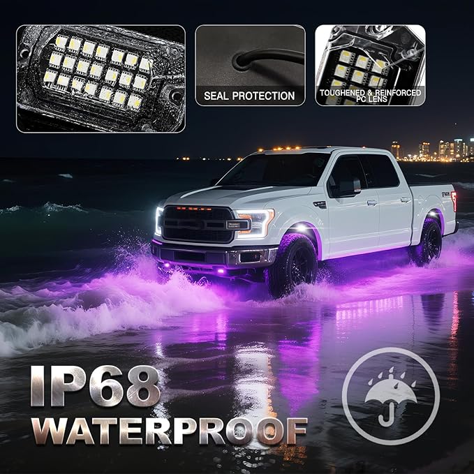 4 Pods Full Angle RGBW LED Rock Lights, RGB with White Rock Light for ATV UTV Golf Cart RZR SXS Truck SUV Car Underbody, 12V Waterproof Neon Multicolor Underglow Kit APP/RF Remote Control Sync Music