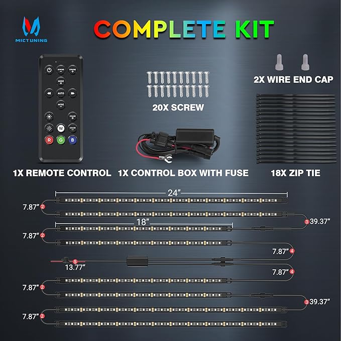 MICTUNING 8Pcs N8+ RGBW Underglow LED Lights for Cars, APP & Remote Dual Control, IP68 Waterproof Aluminum Multicolor Modes Music Soundsync Exterior Neon Accent Car Underglow Kit, 2 Years Warranty
