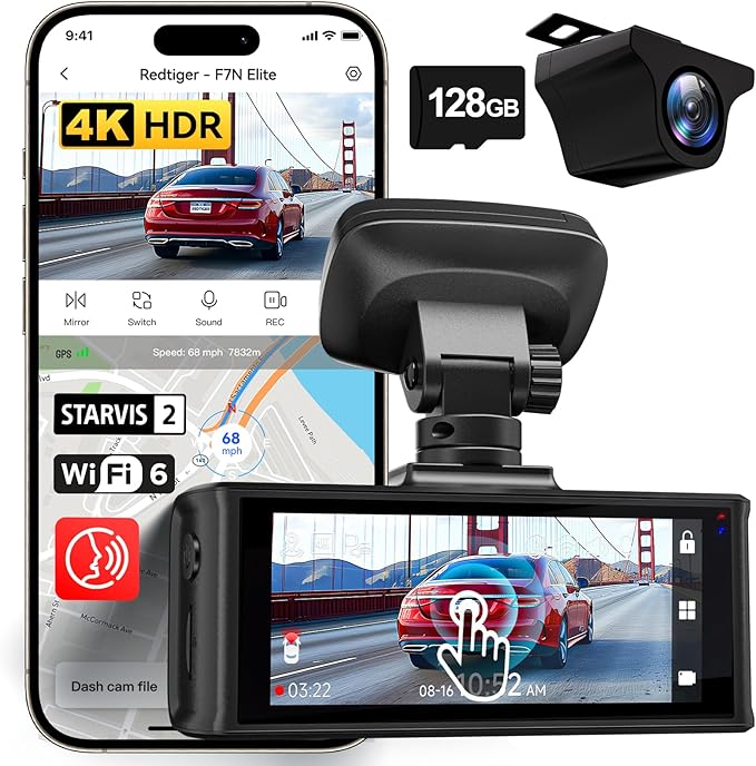REDTIGER 4K HDR Dash Cam Front and Rear, STARVIS 2 Sensor, 5.8GHz WiFi APP, 3.18" Touchscreen, Voice Control, 128G Card Included, WDR, Dash Camera for Cars with GPS, 24H Parking Mode(F7N Elite)
