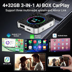 AI Box Carplay, 4+32GB Car Video Box for Netflix/YouTube/TikTok/TF Card & HDMI Output Streaming Magic AI Box Wireless CarPlay Adapter with Ambient Light, Fits for OEM Wired Car Play Cars