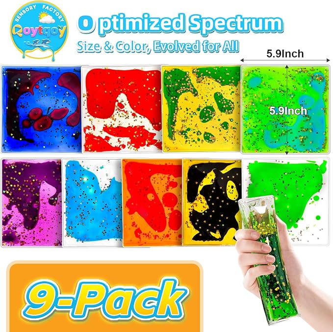 Squishy Liquid Sensory Gel Tiles 9 Packs - Square Sensory Fidget Toys for Stress Relief, Sensory Play & Portable Fun, Washable Sensory Floor Tiles for Kids in Home, Classroom, Travel