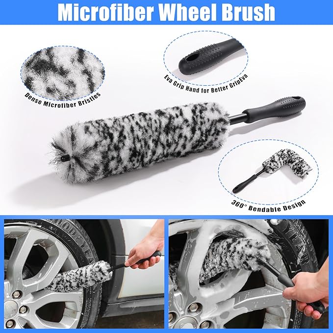 AUTODECO Car Detailing Kit, Car Detailing Brush Set with Vacuum, Bendable Car Wheel Rim Cleaner Brush Set, Car Detailing Brushes, Car Wash Cleaning Tools Kit for Interior, Exterior, Wheels, Blue