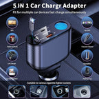 OHLPRO Retractable Car Charger Cigarette Lighter Adapter, 168W 5 in 1 Fast Phone Charging Built-in Replaceable Fuse, Socket Splitter with USB C and USB i Cord, Fit for Phone iPad Galaxy GPS, Blue