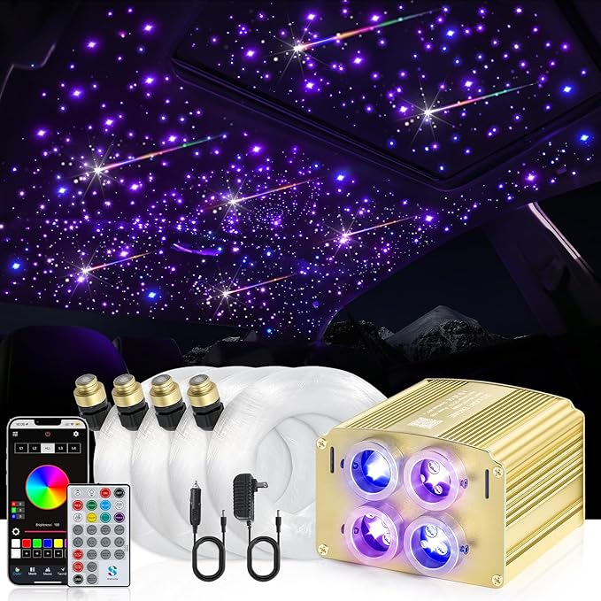 Car Starlight Headliner Kit, 4 Colors 32W Twinkle & Meteor Fiber Optic Shooting Stars Lights, 2 in 1 Light Engine 800pcs*0.03in*13.1ft+240 RGBW 4 Port Ceiling Starlights for Car Home Roof Décor