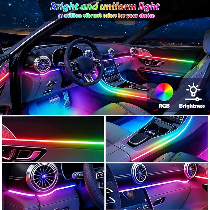 6 in 1 Car Led Strip Lights, Interior Car Lights, App and Remote Control Ambient Lighting Kit with RGB 16 Million Colors Fiber Optics&Music Sync Rhythm, USB Neon Light Accessories for Console&Door