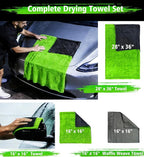 YeewayVeh Complete Drying Towel Set, 3-Pack Microfiber Towels (28"x36" & 16"x16" Drying & Waffle Weave), 1400 GSM Ultra Absorbent, Streak-Free Car Detailing Towels for Bulk Water, Final Polish & Glass