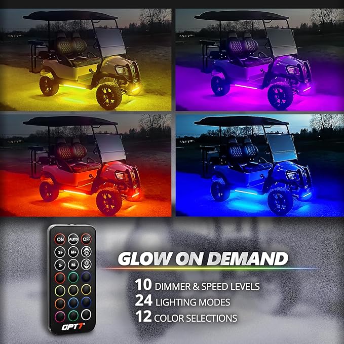 OPT7 12V Aura Pro Underglow Lights Kit for Golf Cart with APP & Remote Control, Waterproof Rigid Aluminum Light Bar, RGB Multicolor Music Sync LED Lighting Kit for EZGO Yamaha Club Car