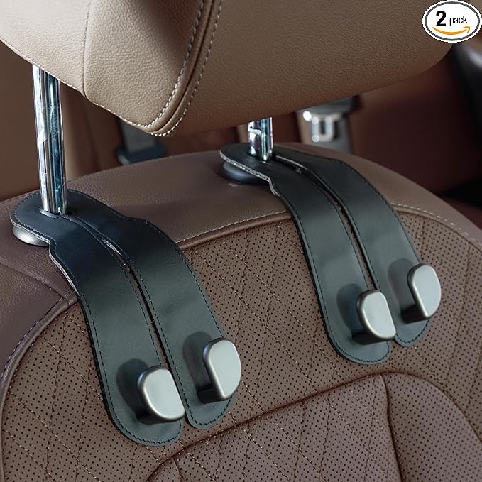 CoBak Purse Hook for Car - Universal Premium Stitched Leather and Aluminum-Magnesium Alloy Double Car Seat Back Storage Hook for Purses, Handbags, Bags (2 Pack),Black