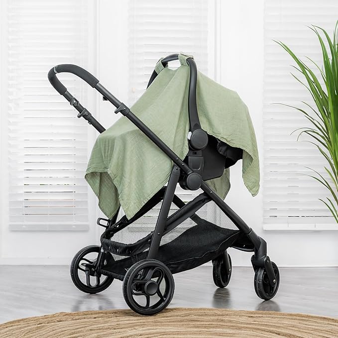Comfy Cubs Baby Car Seat Cover - Soft, Breathable Bamboo Rayon and Muslin Cotton Blend - Lightweight Canopy for Sun, Bug, and Comfort Protection - Large Size Infant Seat Cover in Sage Design