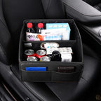 Car Storage Organizer [2025 UPDATED] Leather Car Caddy Basket for Front Seat Floor Back Seats Metal Handle 6 Compartments Adjustable Strap Buckles Slip-Resistant (Black)
