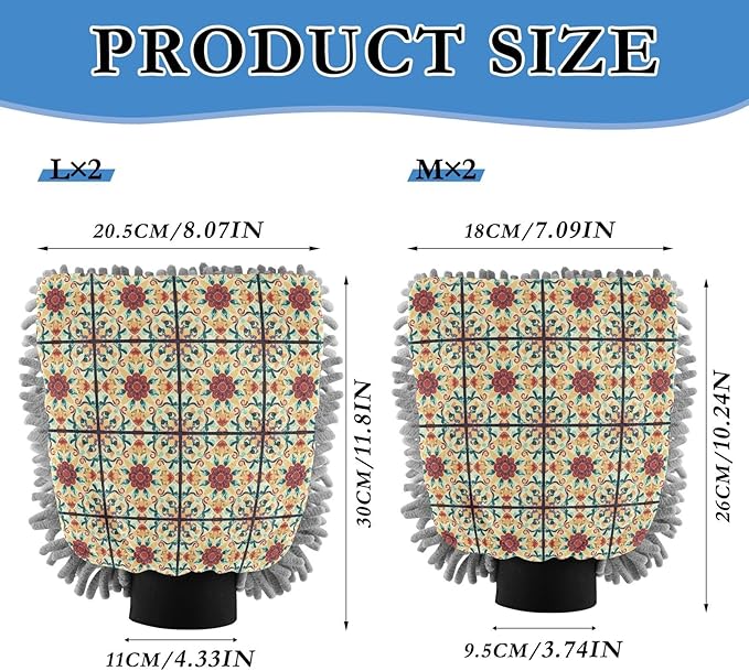 Qilmy Mediterranean Tile Pattern Microfiber Chenille Car Wash Sponge Scratch Free Car Wash Mitt Absorbent Mitt Sponge for Trucks SUVs Car Washing Home Cleaning, Medium