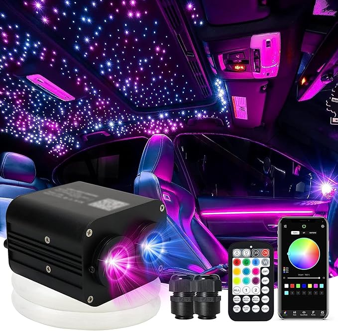 AMKI Dual Color 20W Twinkle Starlight Headliner Kit 900pcs 0.03in 9.8ft Fiber Optic Star Ceiling Light Sound Activated Music Mode APP/Remote Control Dual Port Light Box for Car Home Roof Decor