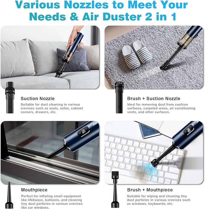 Upbooz Handheld Vacuum Cordless, Car Vacuum with 14000PA Powerful Suction with LED Light, Air Duster 2-in-1,Low Noise Rechargeable Portable Mini Vacuum Cleaner for Car Home Pet Office,Two Gears Blue