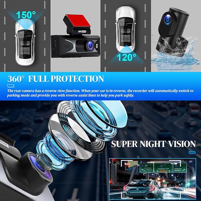 4K Dash Cam with WiFi & APP Control, 4K Front and 2.5K Rear, Dash Camera with ADAS,G-Sensor, 24 Hours Parking Mode, Loop Recording, Night Vision