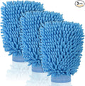 3 Pack Chenille Microfiber Car Wash Mitt, 7" x 9.6" Car Washing Mitts, Home Dusting Gloves, Scratch Free Lint-Free, Highly Absorbent, Double Sided, for Cleaning Detailing Polish (Blue)