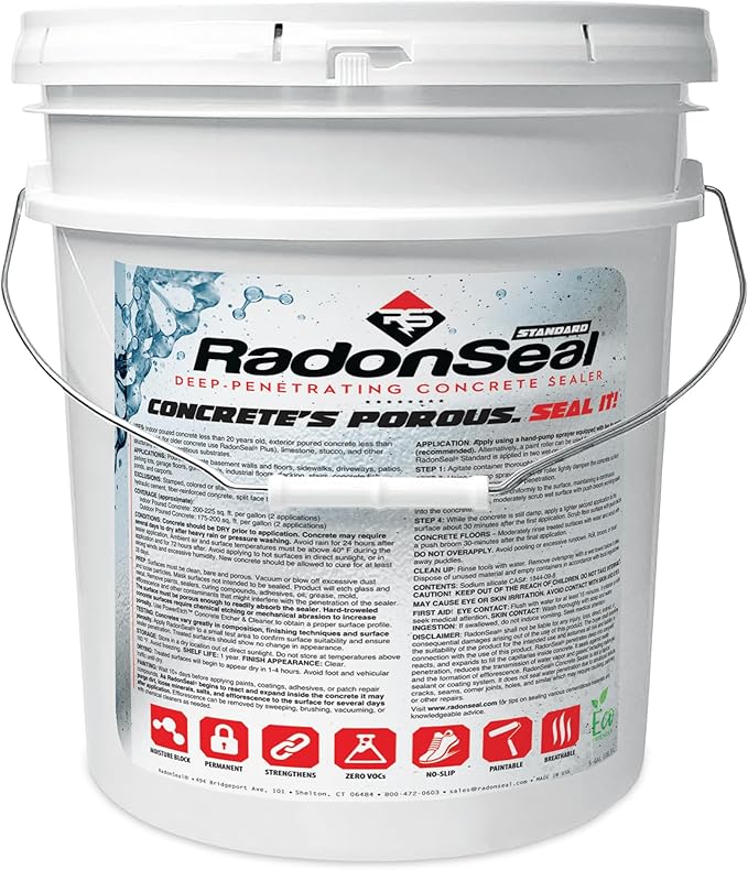 RadonSeal Concrete Sealer (Standard) – Deep Penetrating Waterproofing for Basement Floors & Foundation Walls – Reduces Moisture & Strengthens Concrete (5 Gallon)