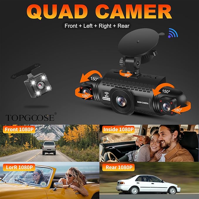 4 Channel Dash Cam 360° View, TOPGOOSE 2K Front and Rear Inside, Left Right Dash Camera for Cars, 5G WiFi & APP Control, with 64GB SD Card, G-Sensor, Night Vision, 24H Parking Mode