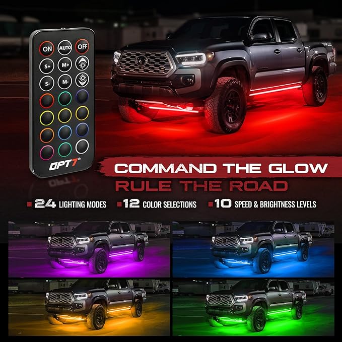OPT7 Aura Aluminum Underglow LED Lighting Kit for Truck with Remote Control, 12V Exterior Waterproof Light Bar, RGB Multicolor Neon Accent Under Car Decorations, Off Road Pickup Jeep Gifts