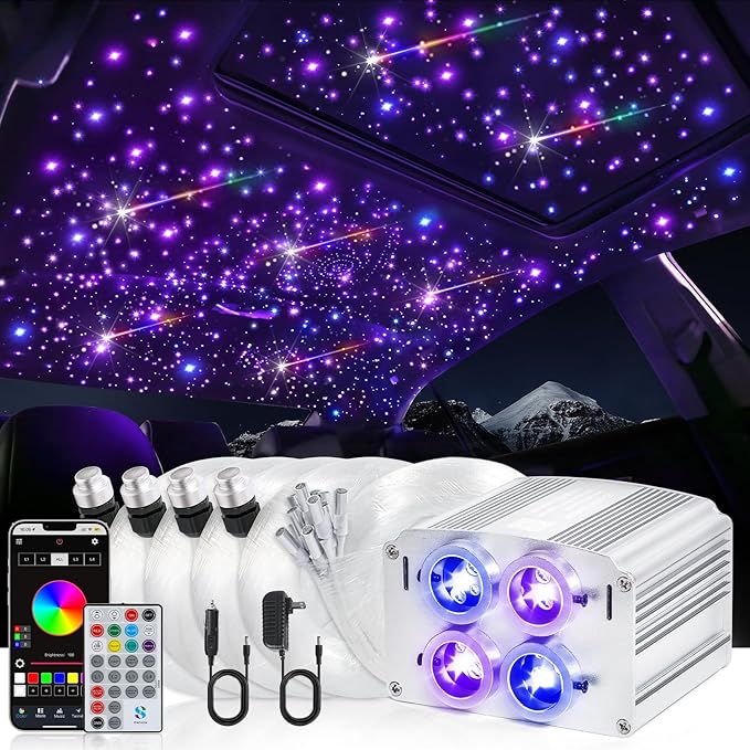 4 Colors 32W Twinkle & Meteor Car Starlight Headliner Kit, 2-in-1 Light Engine 600pcs*0.03in*13.1ft+240 RGBW Fiber Optic Cable Shooting Car Star Roof Lights, Ceiling Star Lights for Car Home Theater