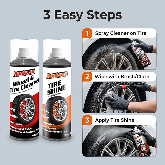 Wheel & Tire Cleaning Kit - 2 Pack 14 oz Bottles,Car Wheel Cleaner Tire Cleaner Spray Brake Dust Remover for Aluminum Chrome Rims Tire Shine Applicator Wet Tire Dressing Tire Wax